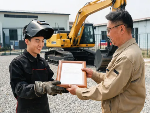 Apprentice welder receiving graduation certificate