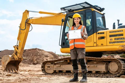 Female owner-operator certified on excavator