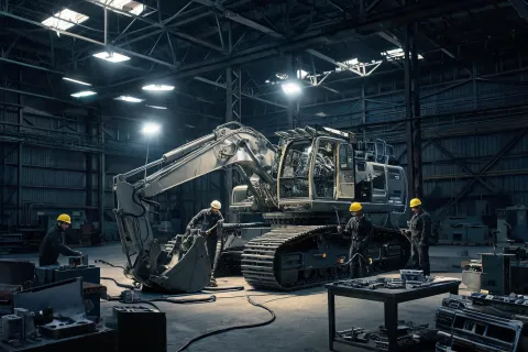Late-shift excavator assembly crew