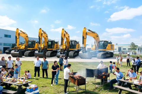 Plant open day BBQ in front of crawler excavator fleet
