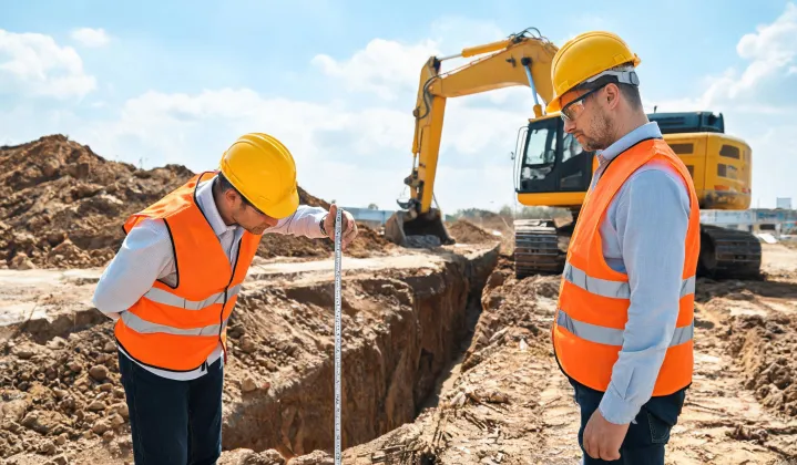 Engineers verifying excavator dig depth on foundation site