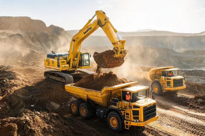 Crawler excavator loading haul trucks on mass excavation project