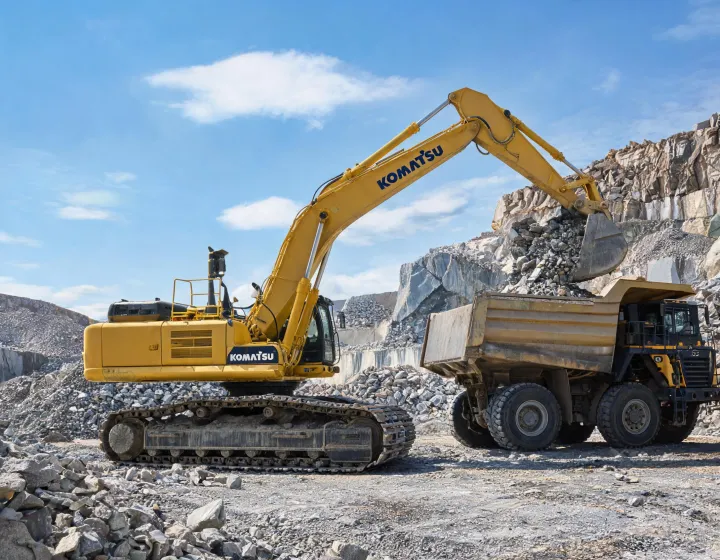 60-ton crawler excavator loading aggregate at quarry face